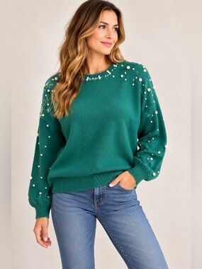 GT-0199 Emerald Green Pearl Embellished Sweater Pullover Size L